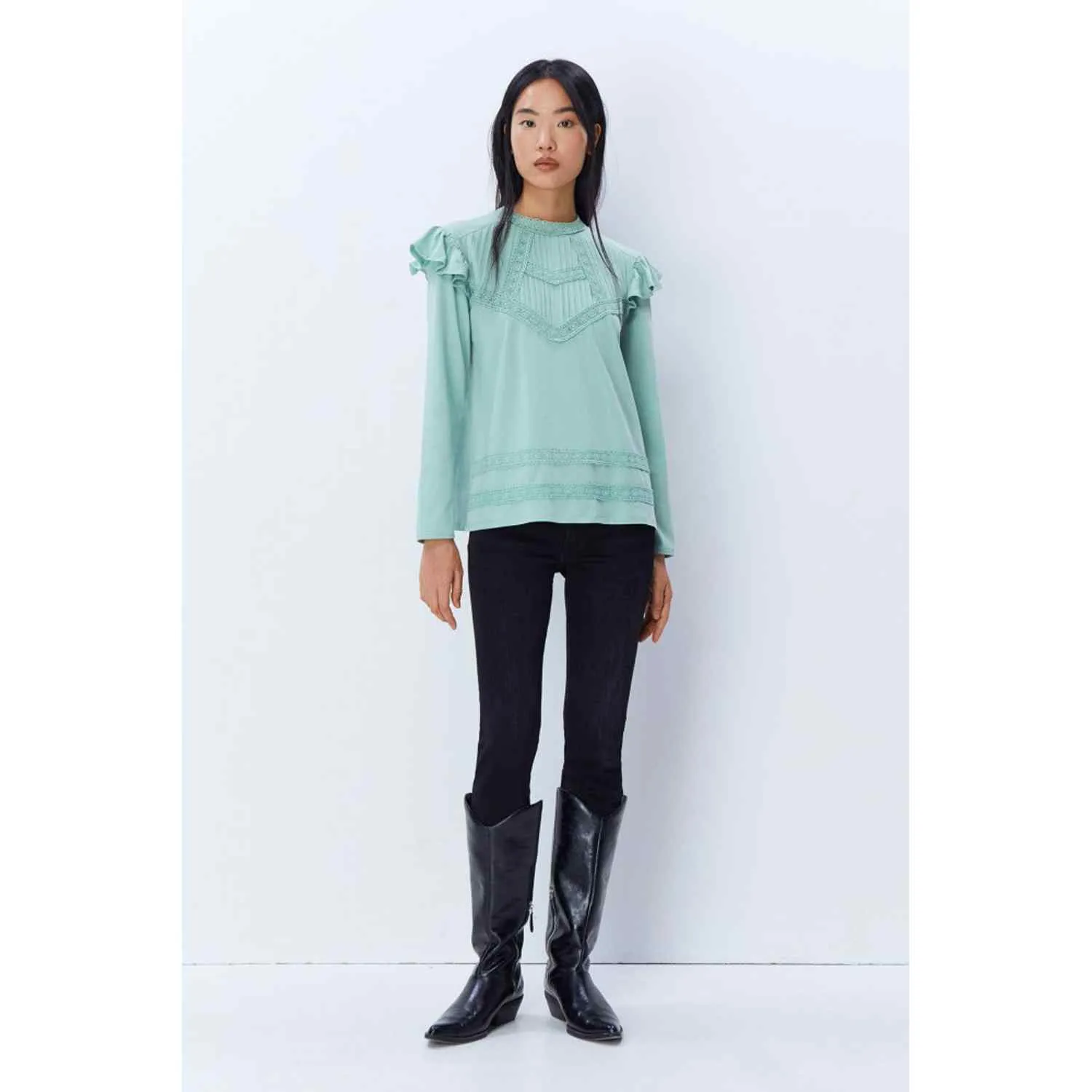 Long Sleeve Romantic Top - Green