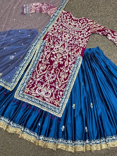 Maroon & Peacock Blue Georgette Designer Heavy Lehenga Suit Set