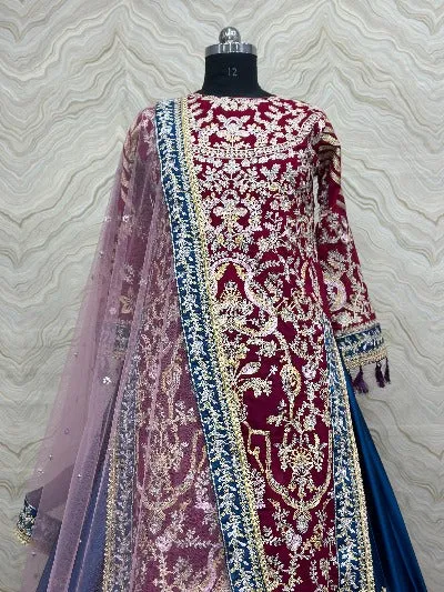 Maroon & Peacock Blue Georgette Designer Heavy Lehenga Suit Set