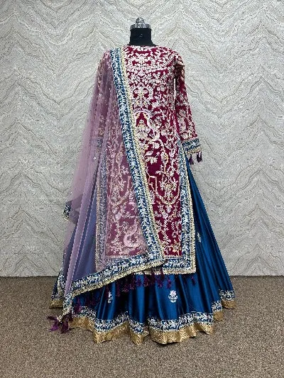 Maroon & Peacock Blue Georgette Designer Heavy Lehenga Suit Set