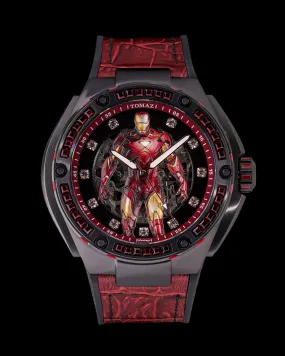 Marvel Iron Man TW037A-D5 (Black/Maroon) with Maroon Swarovski Crystal (Red Silicone with Leather Bamboo Strap)