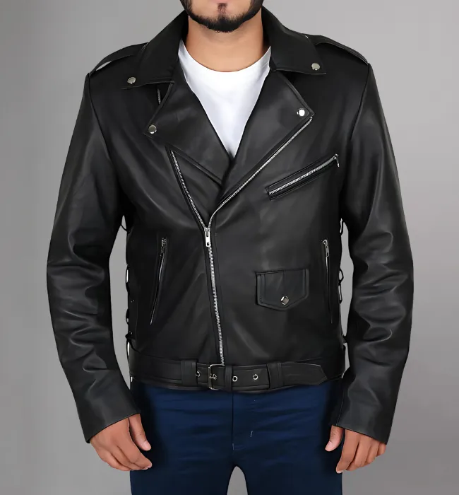 Men's Classic Police Style Coat Sheep Leather Motorcycle Jacket