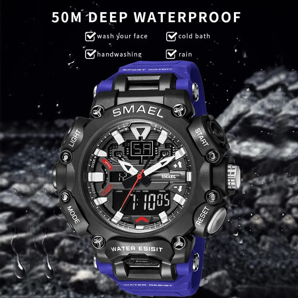 Men's Sports Watch Digital Outdoor Watch Big Face Display Waterproof Tactical Army Watches for Men Blue