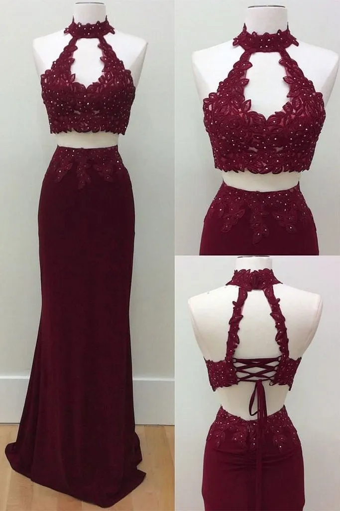 Mermaid Two Piece Burgundy Modest Long Halter Open Back Beads Prom Dresses