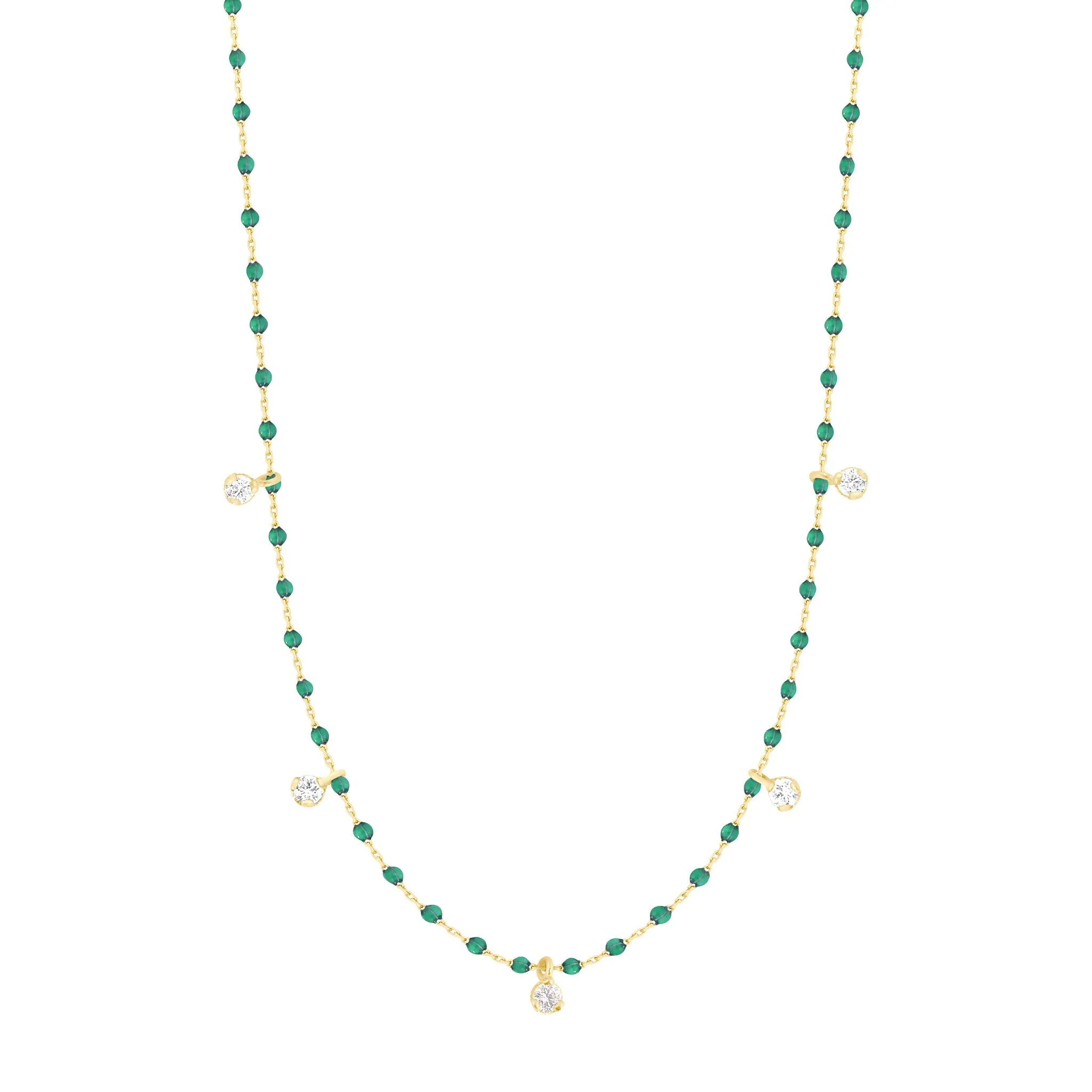 Mini Gigi Emerald necklace, Yellow Gold 5 diamond, 21.7"