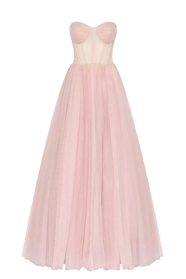 Misty Rose Tulle Maxi Dress with a Corset Bustier