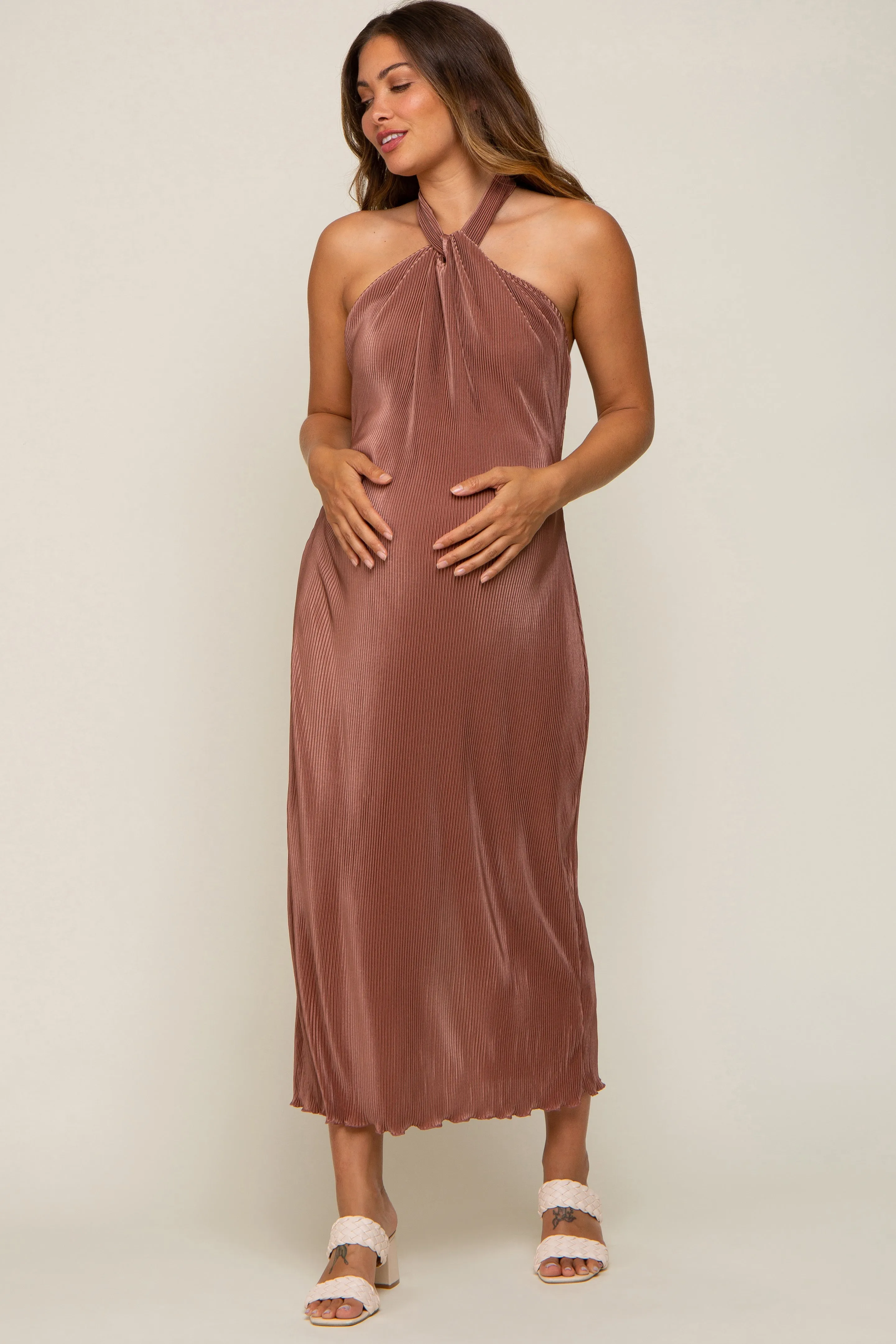 Mocha Knot Front Plisse Halter Maternity Midi Dress