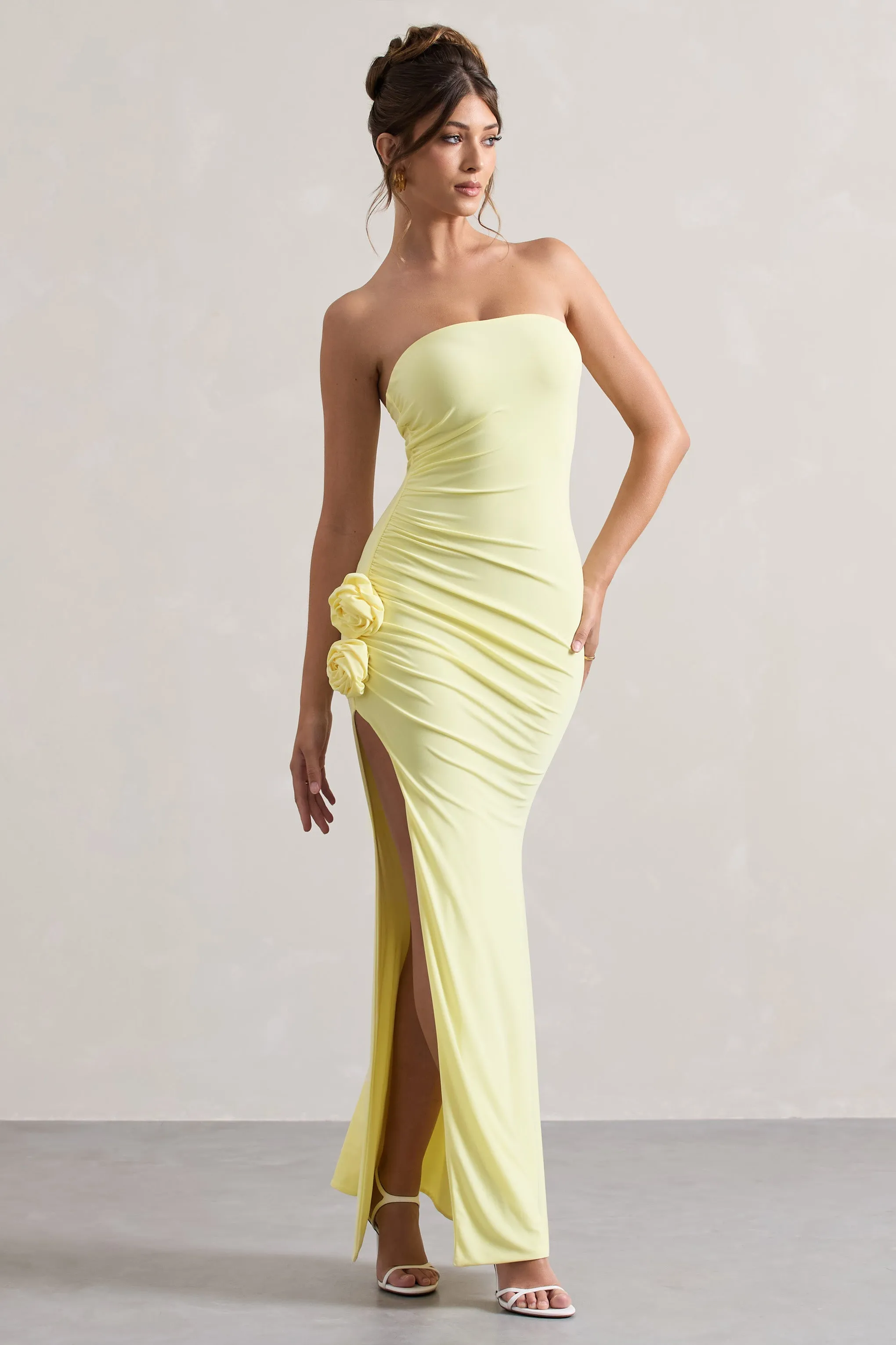 My Muse | Yellow Ruched Bandeau Split Maxi Dress With Flowers