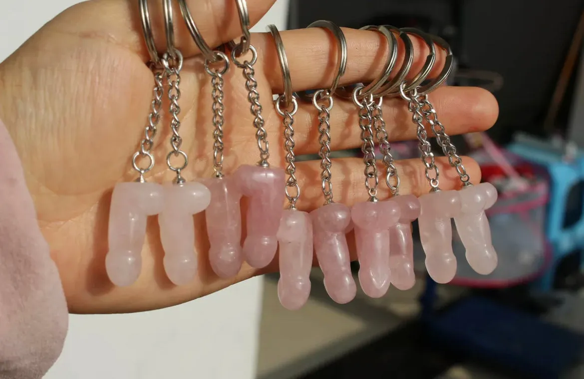 Natural Rose Quartz Crystal Penis Keychain