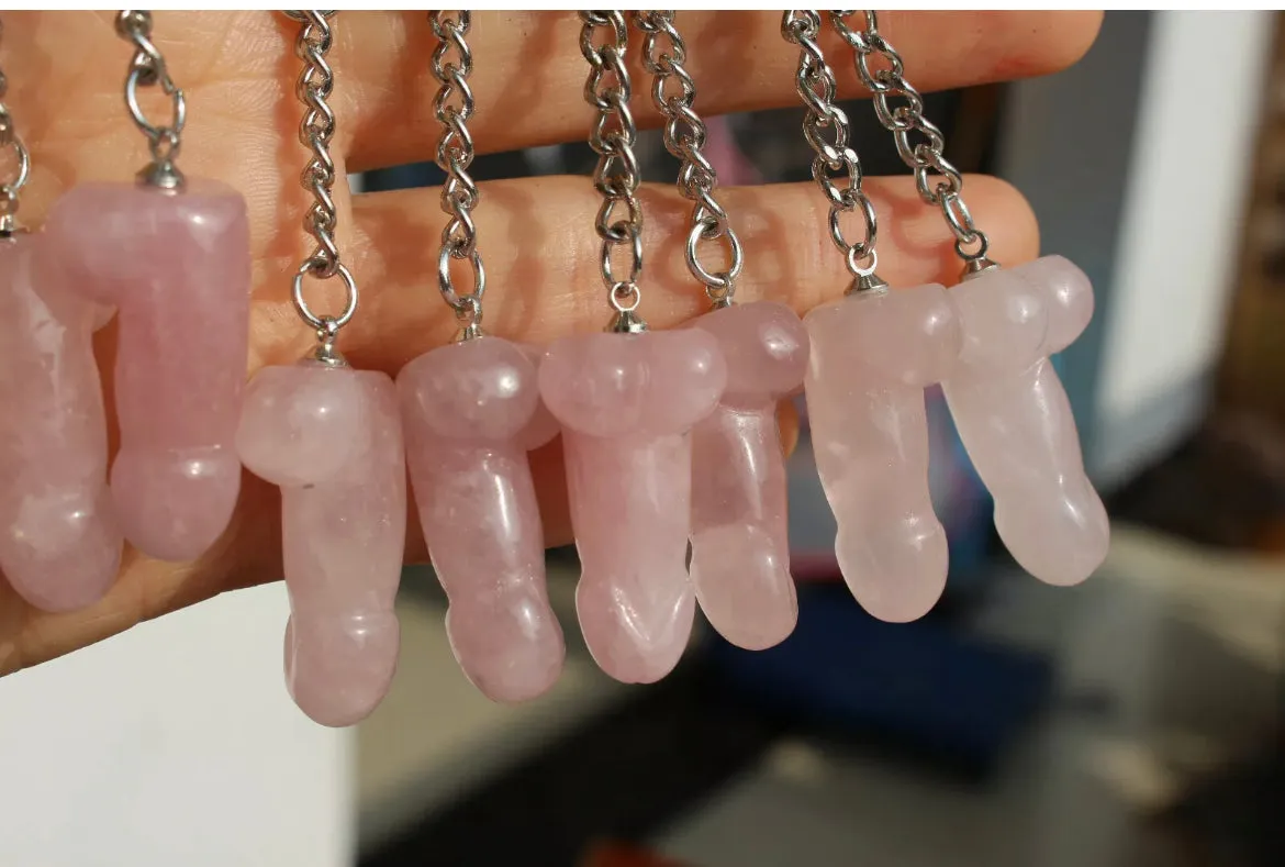 Natural Rose Quartz Crystal Penis Keychain