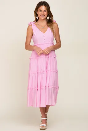 Pink Linen Button Front Shoulder Tie Tiered Midi Dress