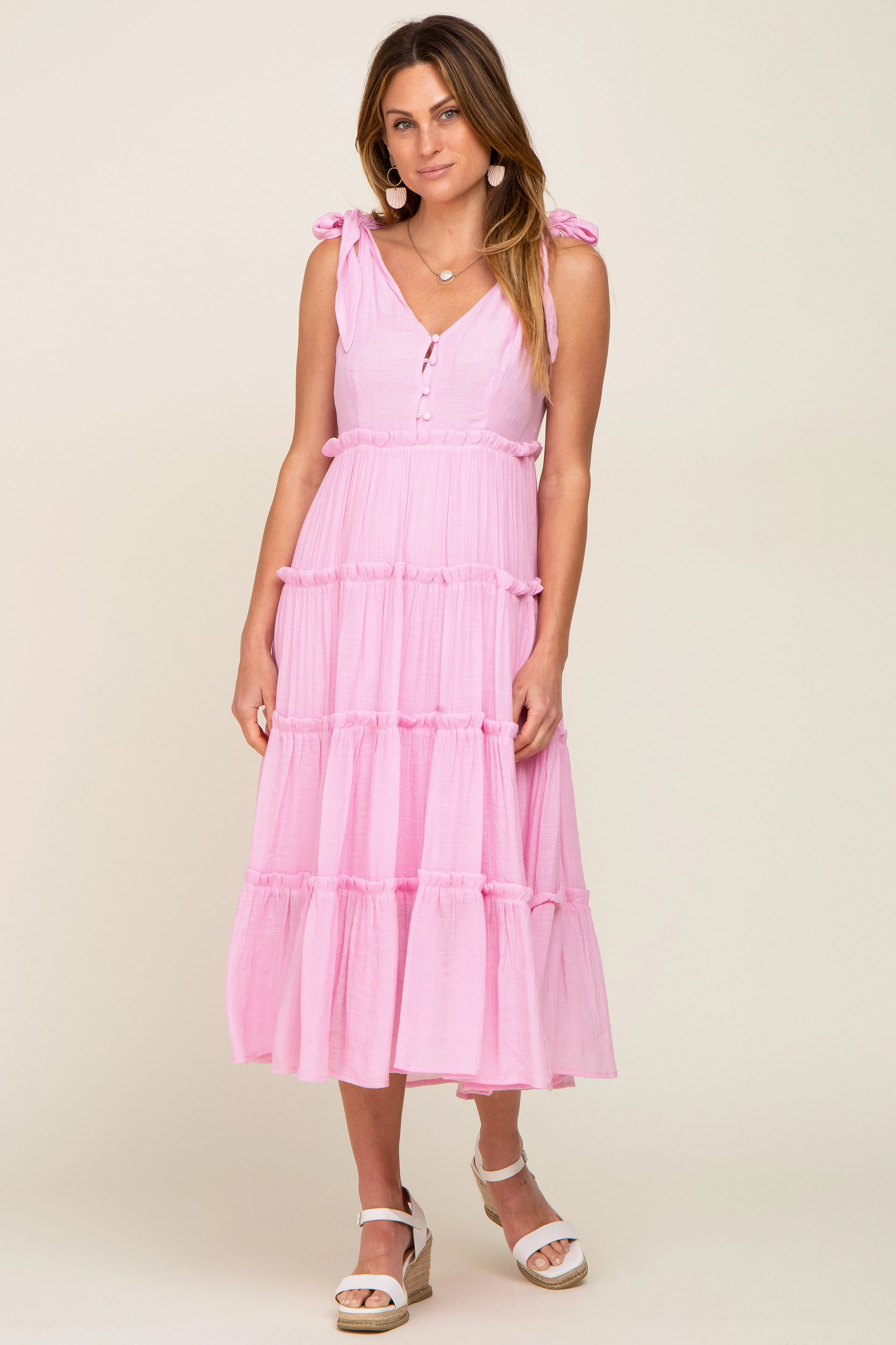 Pink Linen Button Front Shoulder Tie Tiered Midi Dress