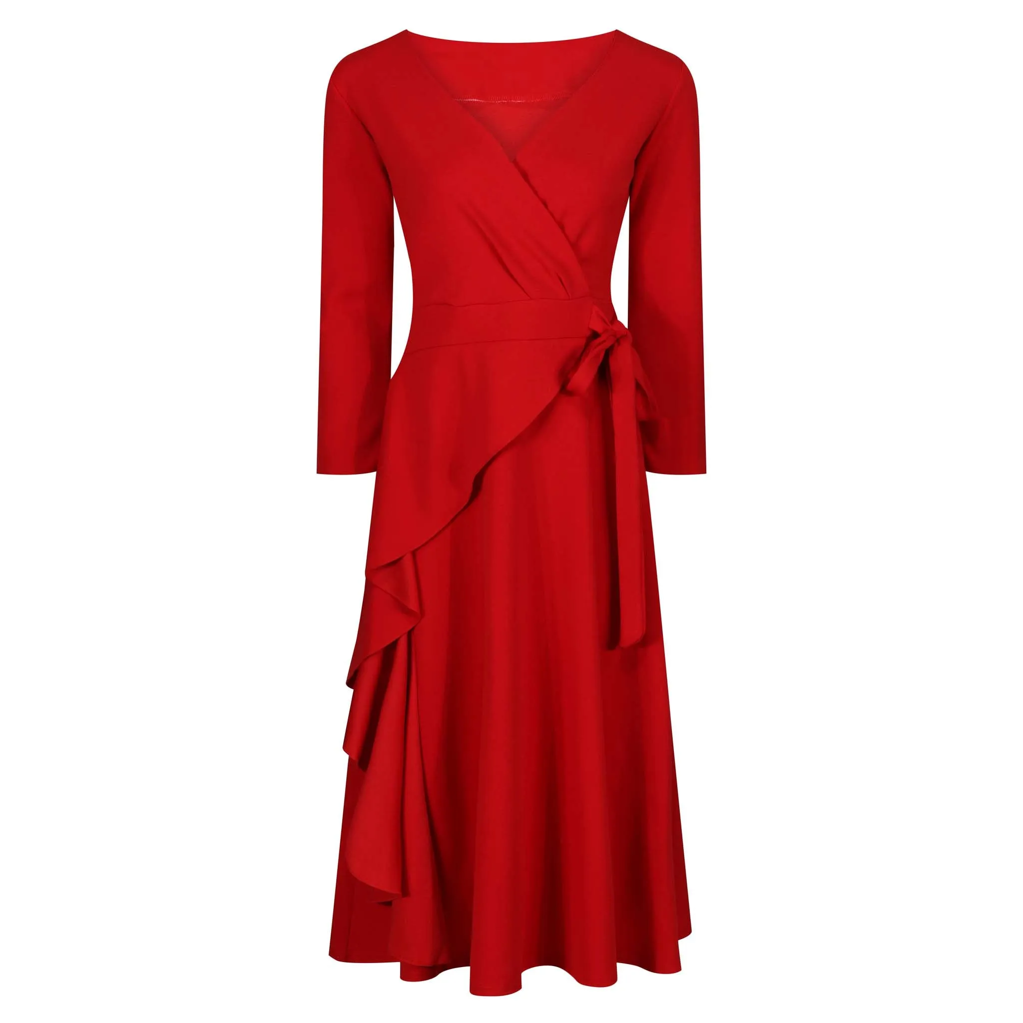 Red Long Sleeve Side Tie Wrap Dress