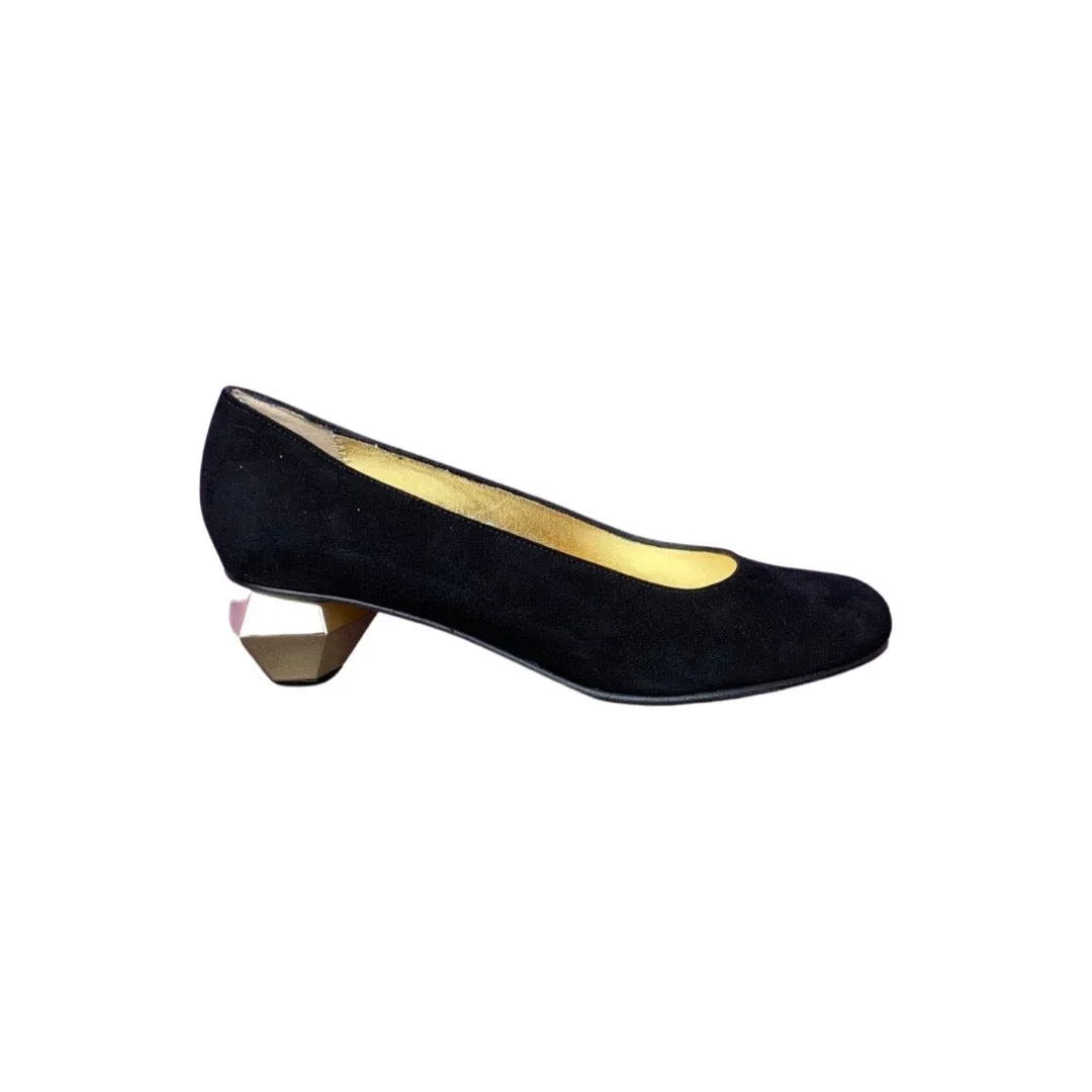 RODONI Black Suede Pump With Gold Heel