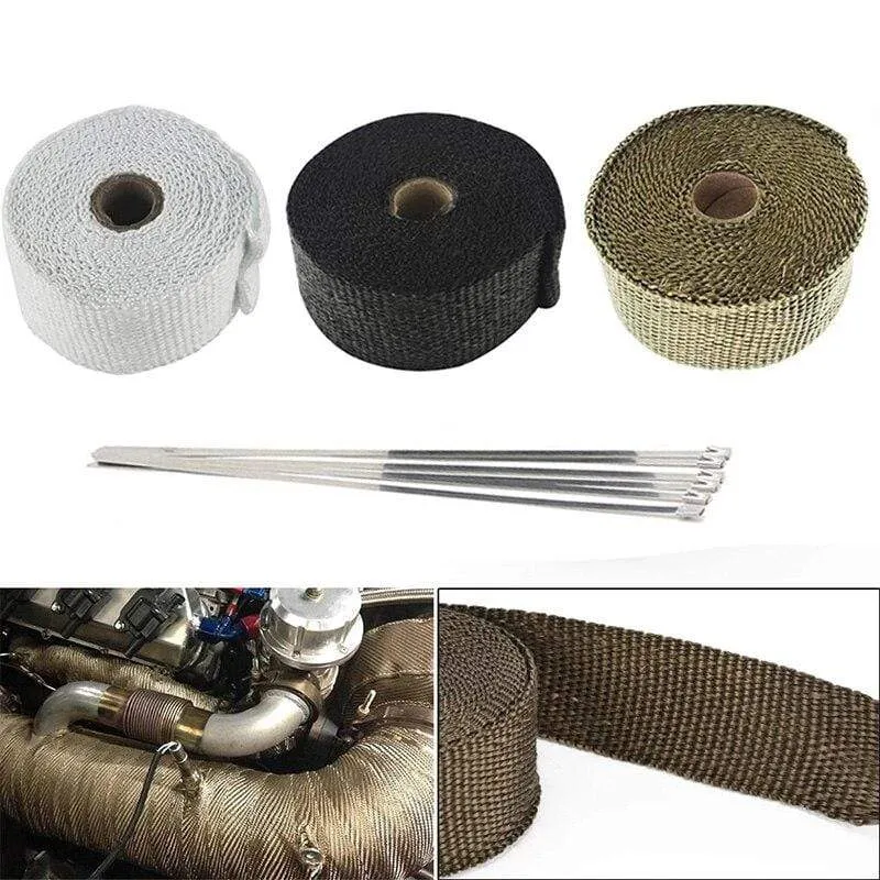 Roll Fiberglass Heat Shield Motorcycle Car Exhaust Thermal Tape Header Pipe Heat Wrap Tape Thermal Protection with StainlessTies