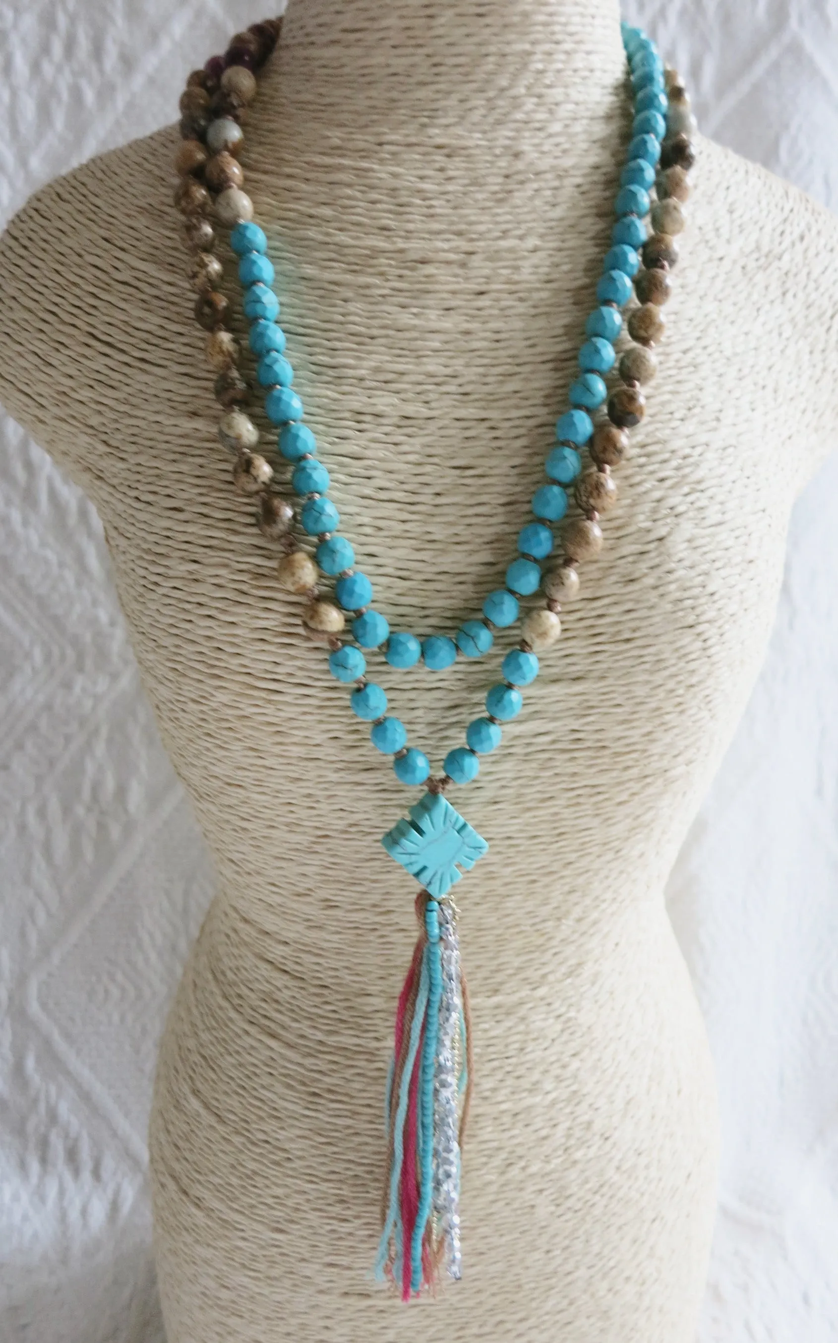 SALE - Bohemian Turquoise Jasper Mix Tassel Necklace