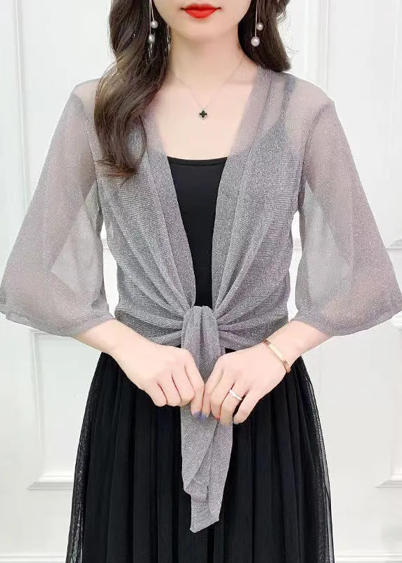 Simple Coffee Solid Bright Silk Tulle Cardigan Summer AS1020