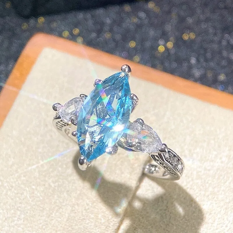 Simple Sky Blue Marquise Aquamarine Stone Ring