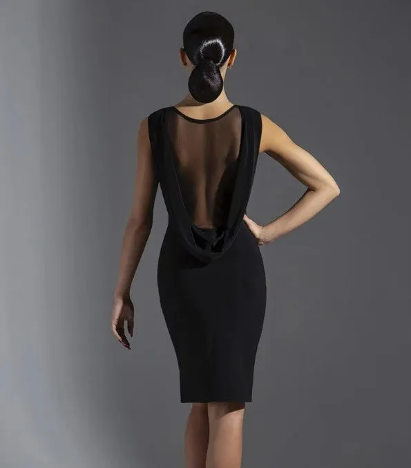 Sleeveless Latin Practice Dress with Mesh Back and Sash. Sleek Skirt Features Side Slit PRA 576