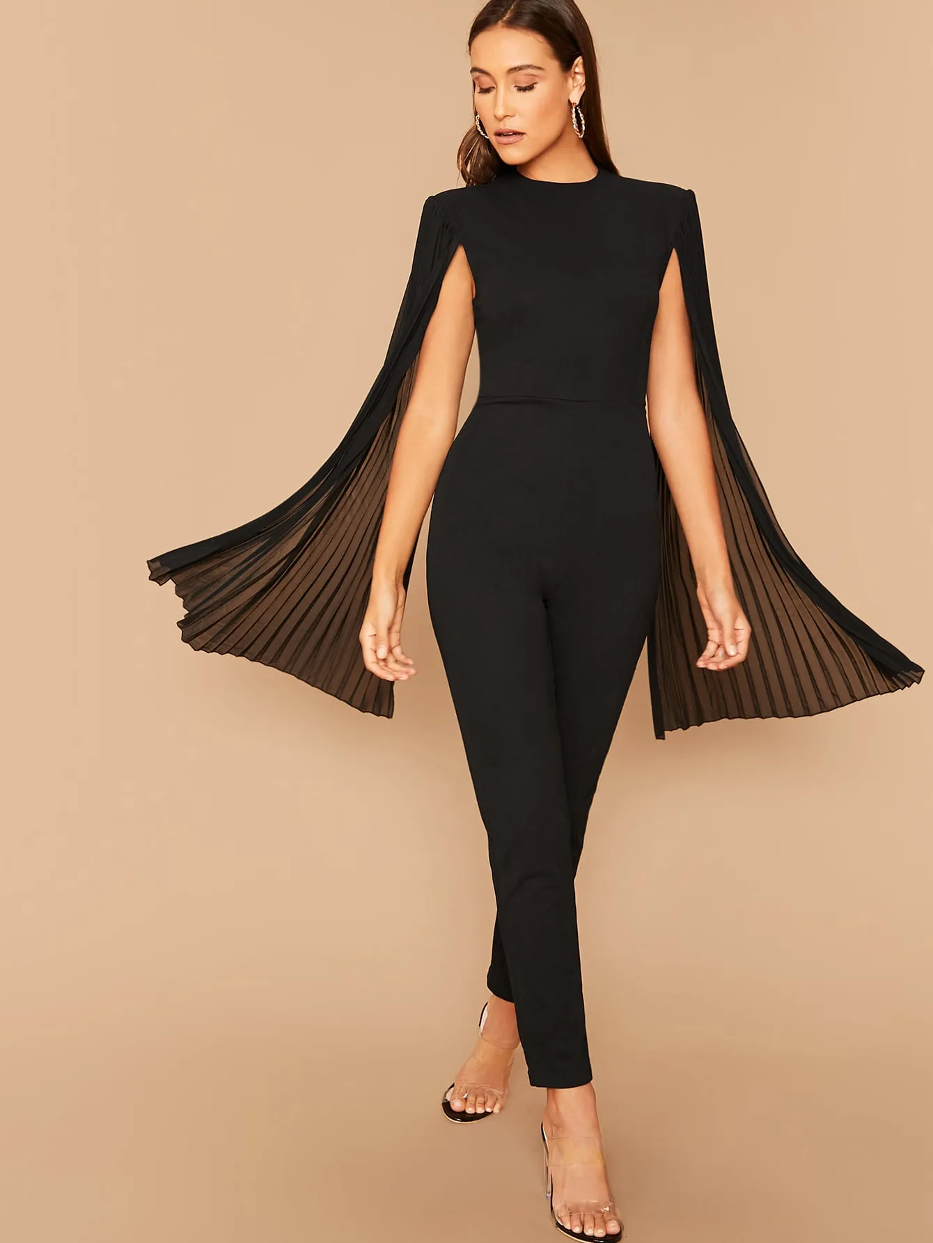 Solid Pleated Cape Jumpsuit