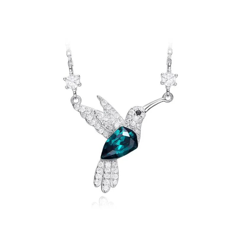 Sterling silver Emerald hummingbird with 2 crystals on the chain necklace