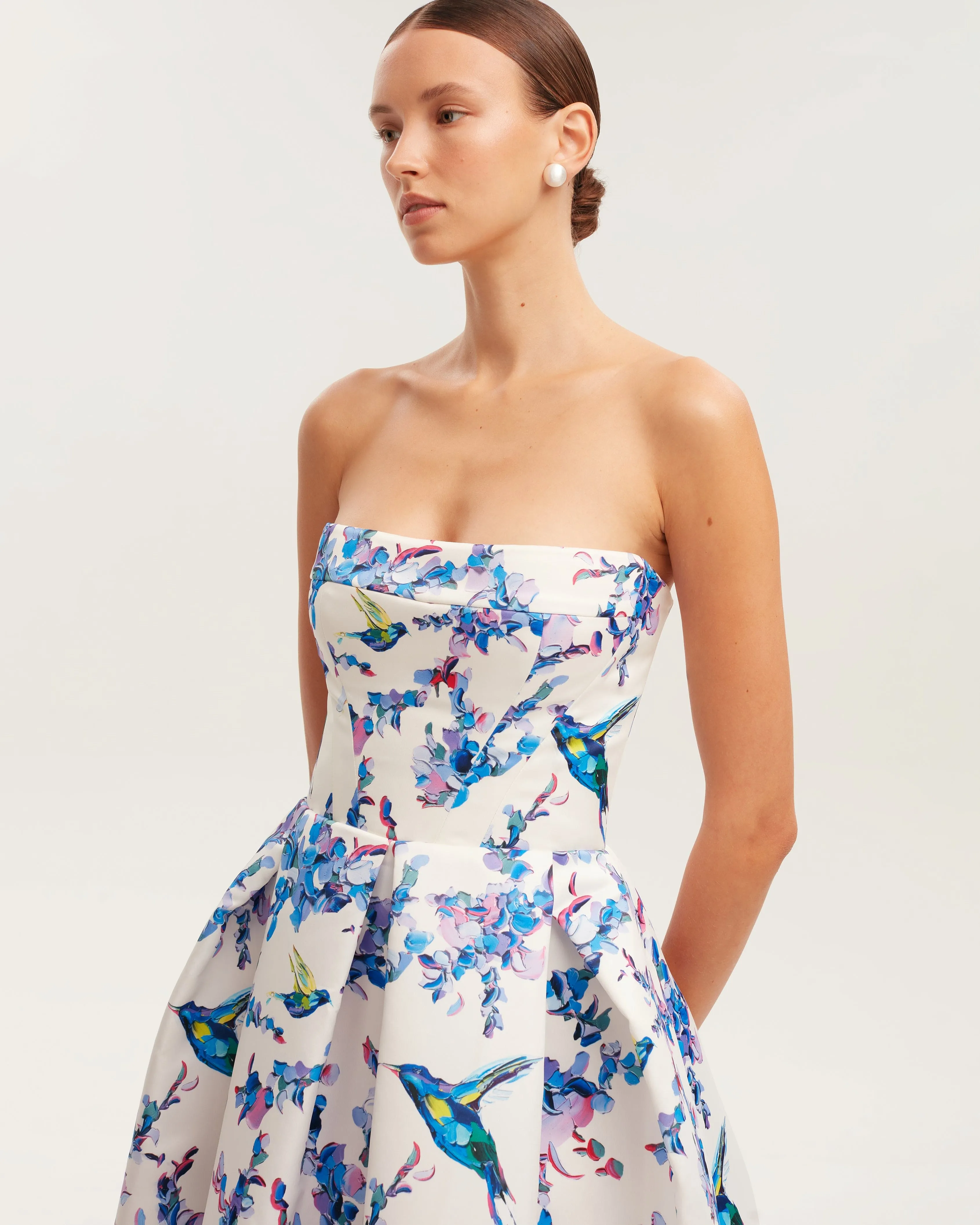 Strapless midi dress with bird and flower print, Garden of Eden