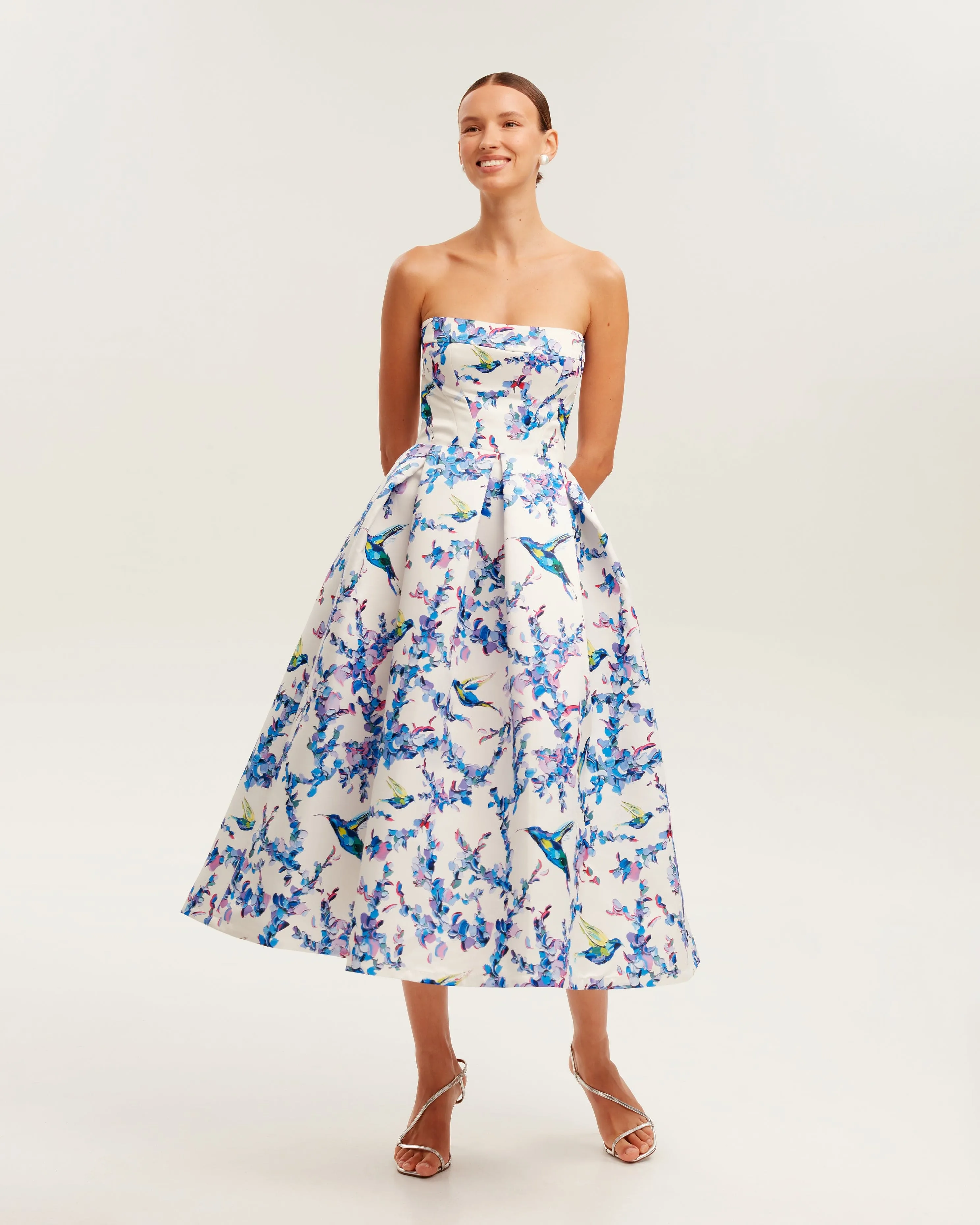 Strapless midi dress with bird and flower print, Garden of Eden