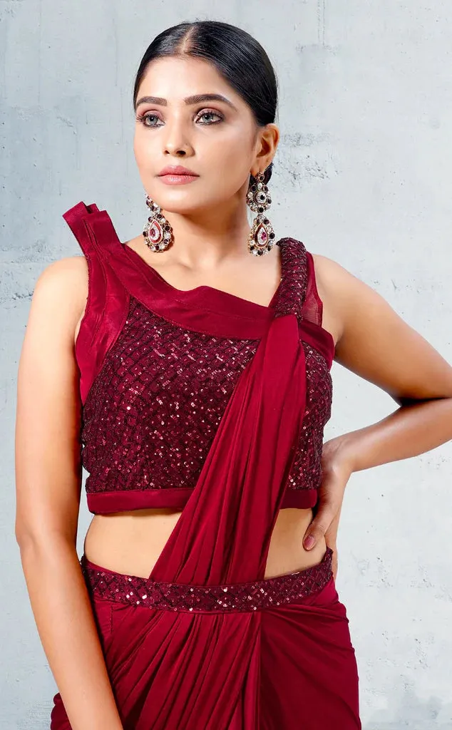 Stylish Dark Maroon Ready To Wear Lycra Designer Saree