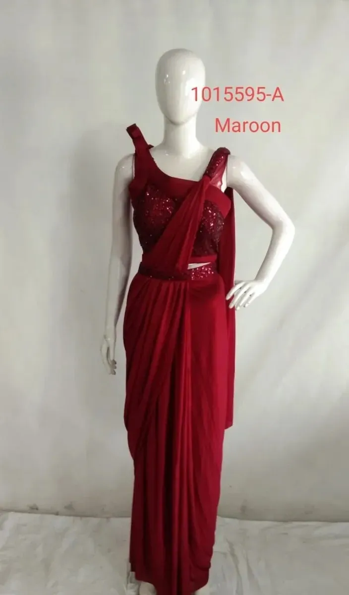 Stylish Dark Maroon Ready To Wear Lycra Designer Saree