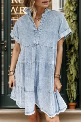 Sunset Vacation Raw Hem Notched Short Sleeve Denim Dress