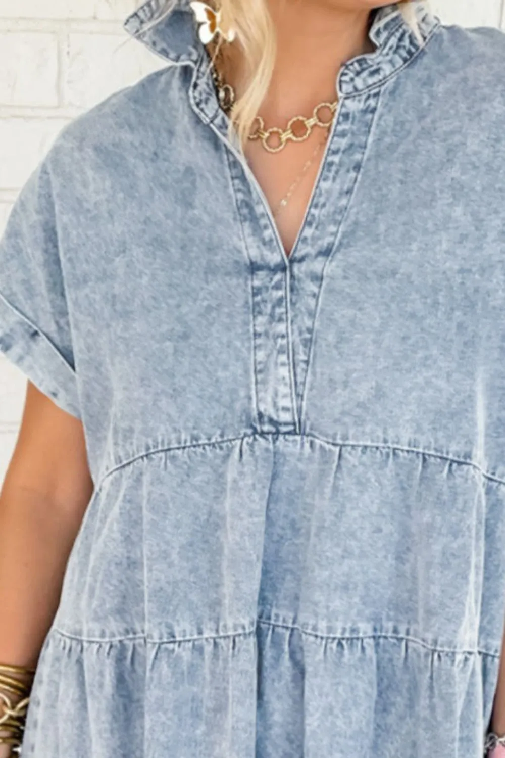 Sunset Vacation Raw Hem Notched Short Sleeve Denim Dress