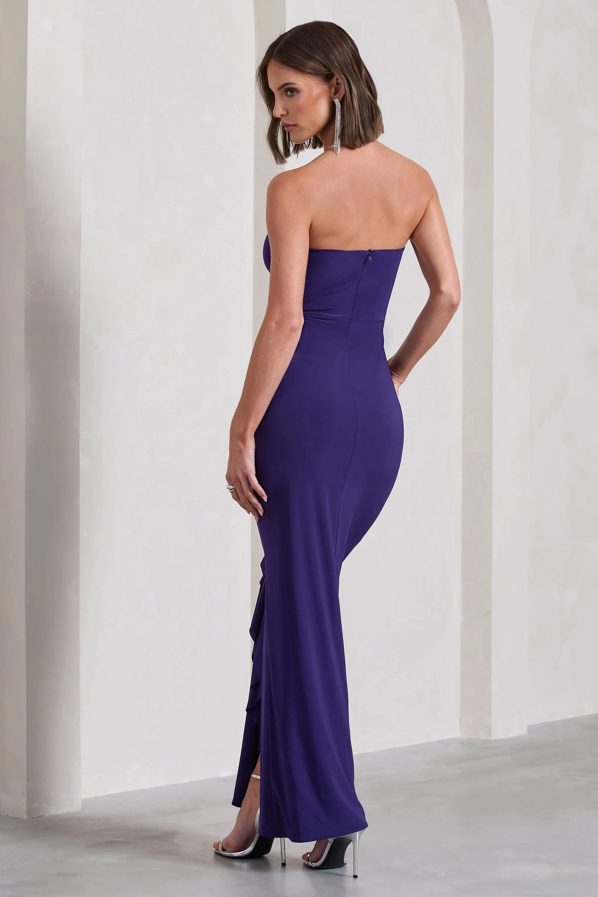 Susan | Purple Bandeau Maxi Dress With Ruffled Splits