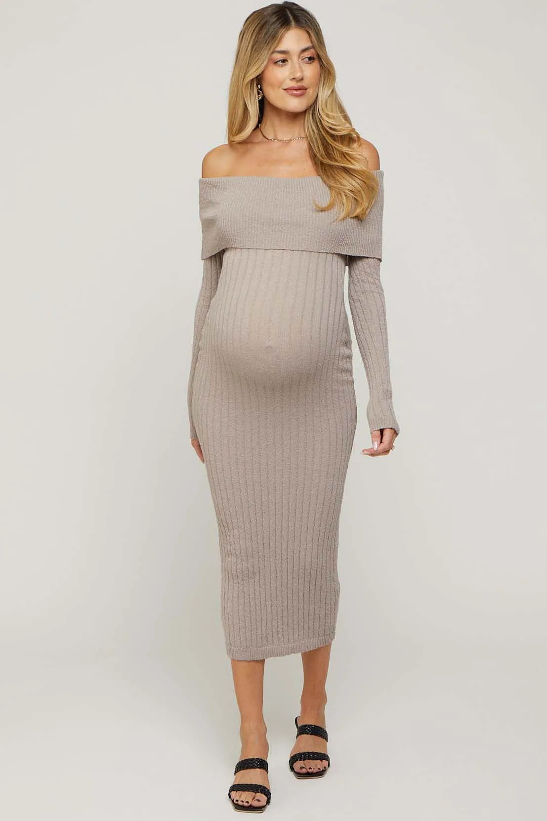 Taupe Rib Knit Off Shoulder Maternity Maxi Dress