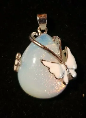 Teardrop Opalite Wire Wrap Butterfly Pendant Necklace 18