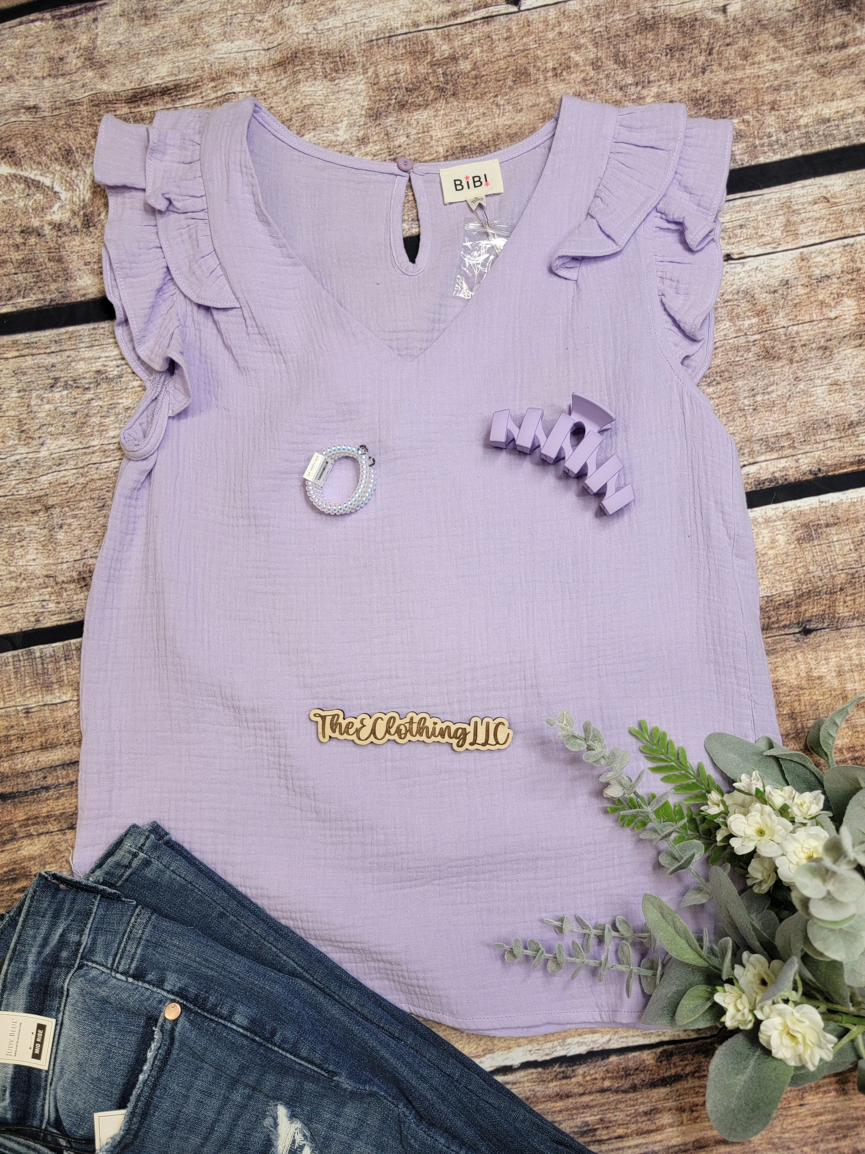 V-Neck Ruffle Sleeve Top - Lavender