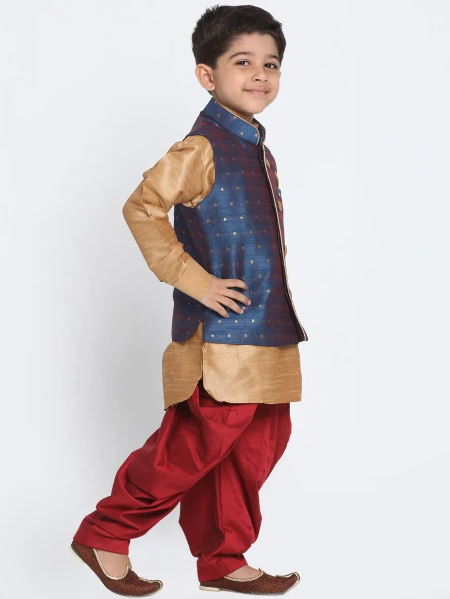 Vastramay Boy's Deep Blue Cotton Silk Blend Ethnic Jacket, Rose Gold Kurta and Maroon Dhoti Pant Set