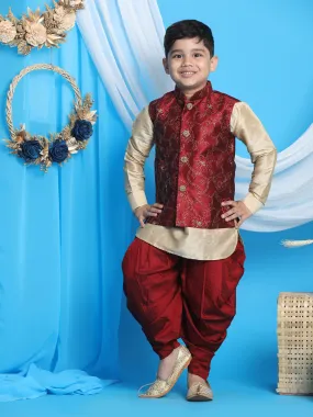 Vastramay Boy's Maroon Embroidered Nehru Jacket With Gold Kurta And Maroon Dhoti Set