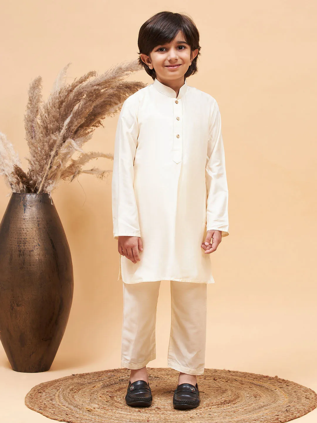 VASTRAMAY Boy's Maroon Indo Western Jacket With Cream Kurta And Pyjama Set