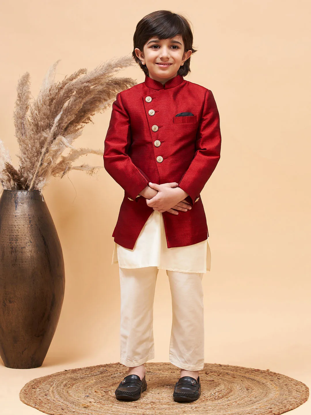 VASTRAMAY Boy's Maroon Indo Western Jacket With Cream Kurta And Pyjama Set