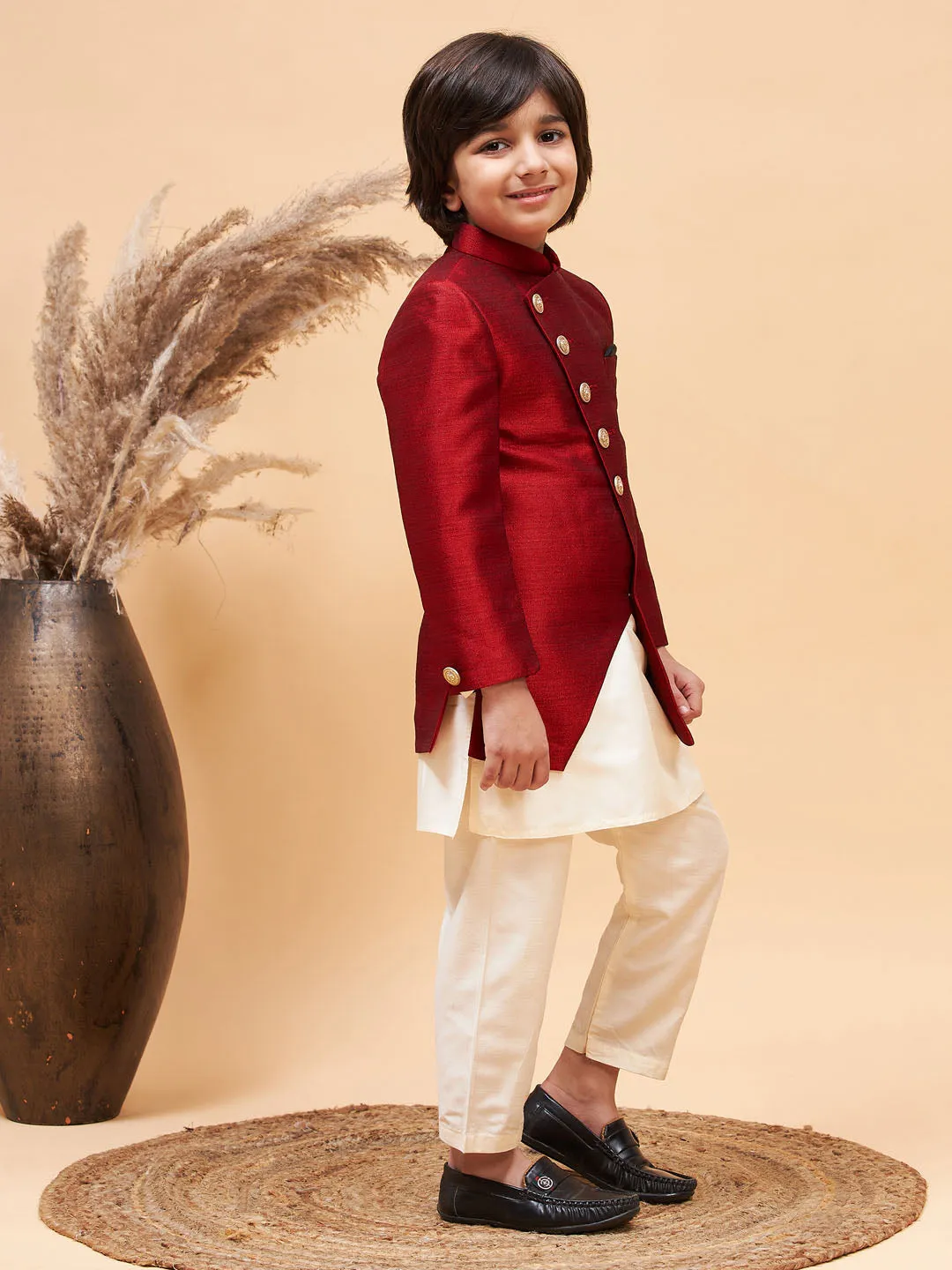 VASTRAMAY Boy's Maroon Indo Western Jacket With Cream Kurta And Pyjama Set