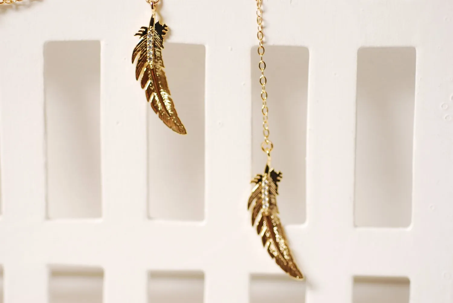 Wholesale Gold Double Feather Lariat Necklace, 16k gold Feathers,Cubic Zirconia Feathers,Tribal Feathers Necklace,Feather Lariat,gold feather necklace