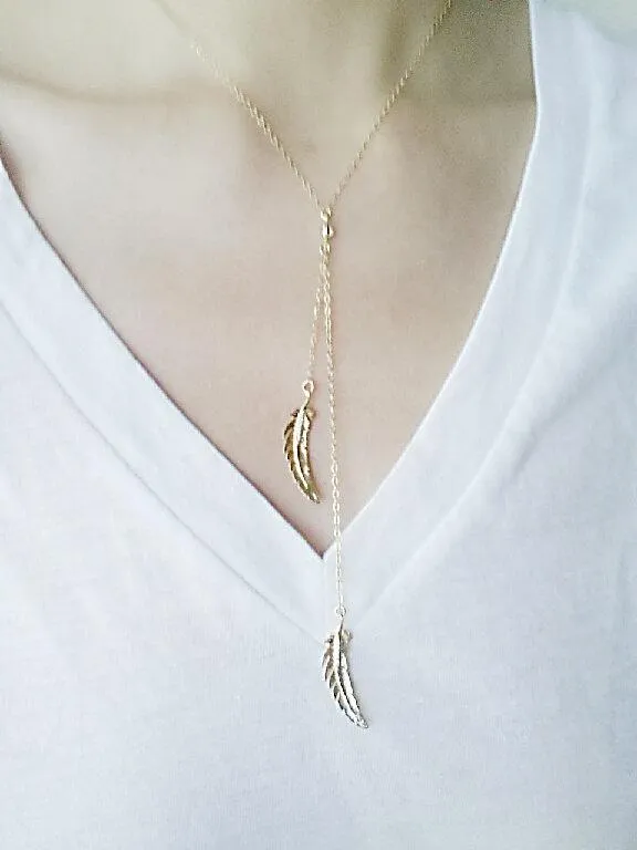 Wholesale Gold Double Feather Lariat Necklace, 16k gold Feathers,Cubic Zirconia Feathers,Tribal Feathers Necklace,Feather Lariat,gold feather necklace