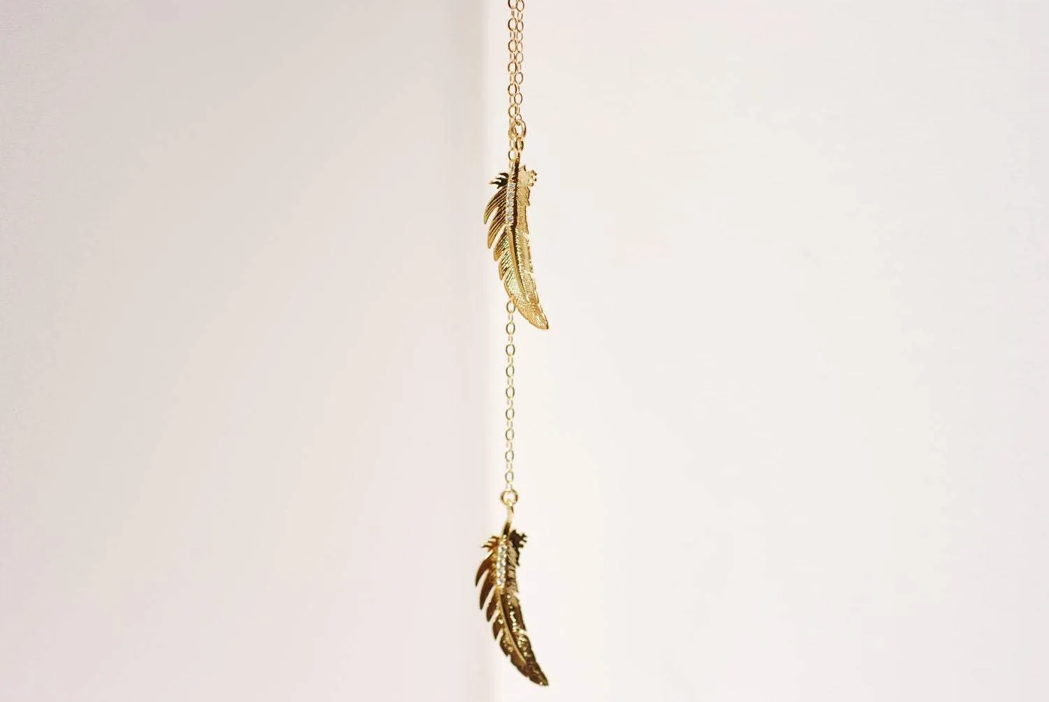 Wholesale Gold Double Feather Lariat Necklace, 16k gold Feathers,Cubic Zirconia Feathers,Tribal Feathers Necklace,Feather Lariat,gold feather necklace