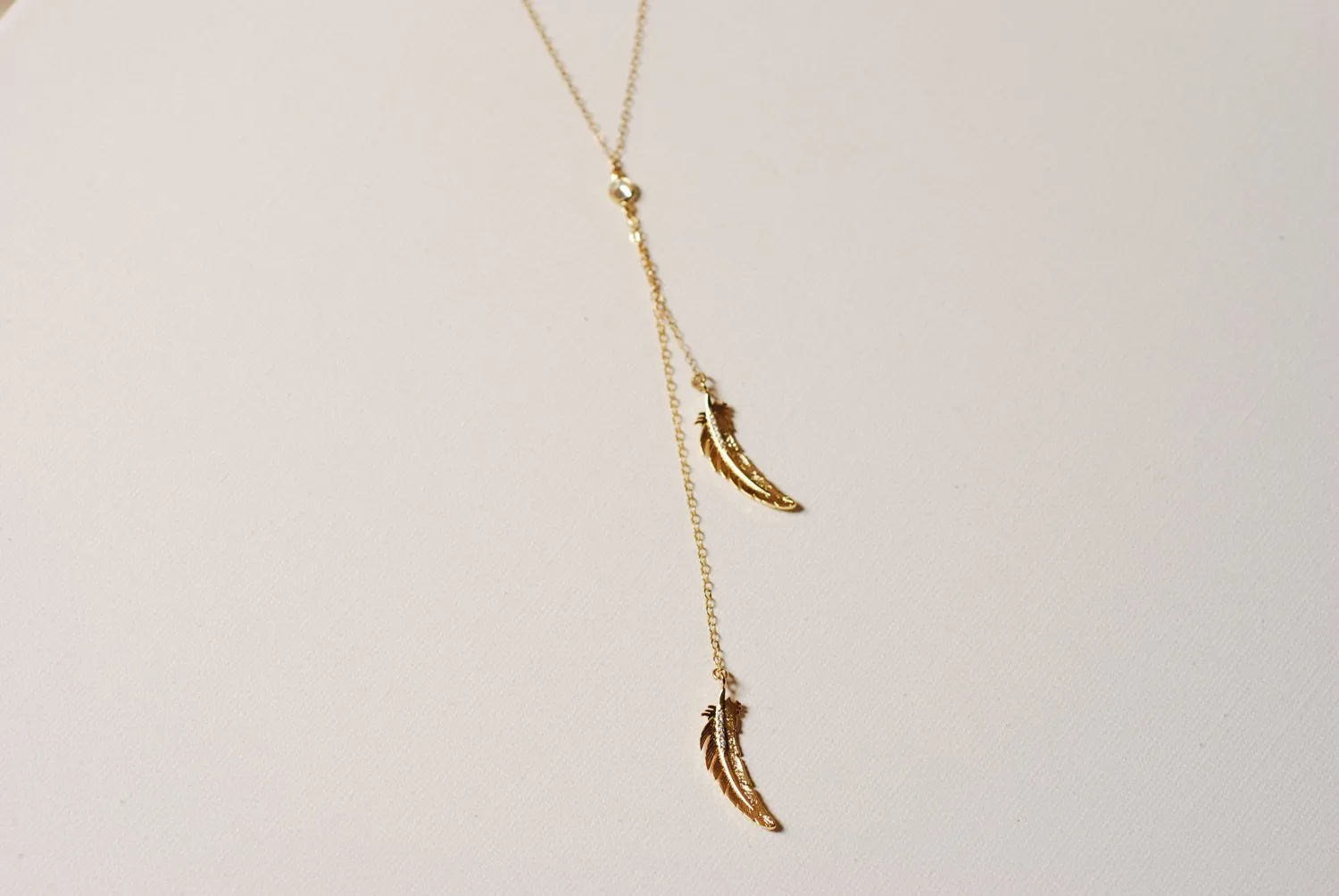 Wholesale Gold Double Feather Lariat Necklace, 16k gold Feathers,Cubic Zirconia Feathers,Tribal Feathers Necklace,Feather Lariat,gold feather necklace