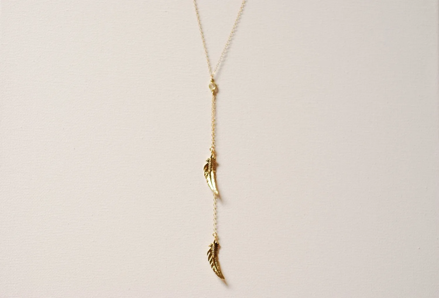 Wholesale Gold Double Feather Lariat Necklace, 16k gold Feathers,Cubic Zirconia Feathers,Tribal Feathers Necklace,Feather Lariat,gold feather necklace