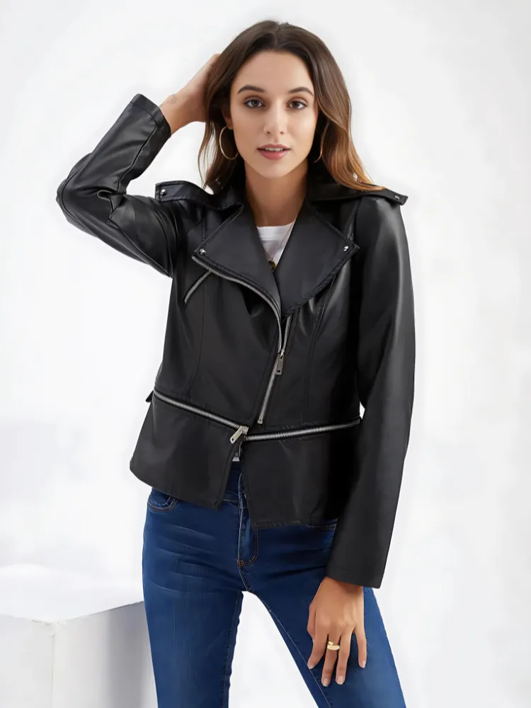 Women Black Motorcycle Leather Jacket