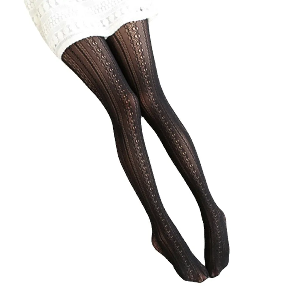 Women Nylon Lolita Lace Jacquard Hollow Breathable Thin Pantyhose Stockings