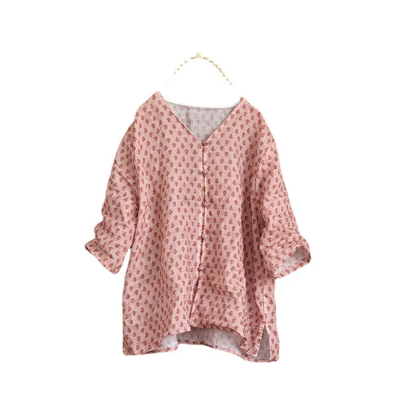 Women Summer Loose Floral Printed Linen Blouse