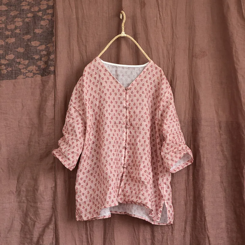 Women Summer Loose Floral Printed Linen Blouse