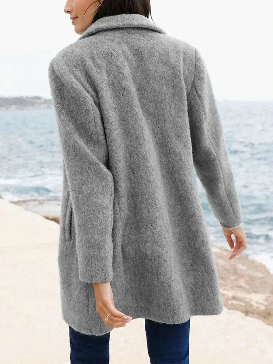 Women's Elegant Blue Gray Windproof Thermal Pea Coat with Pockets